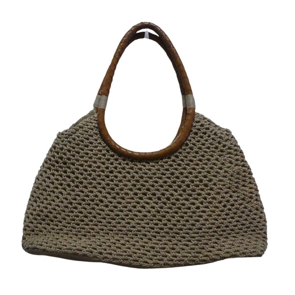 The Sak Tan Fishnet Crochet Weave Braided Leather Straps Handbag Tote Purse